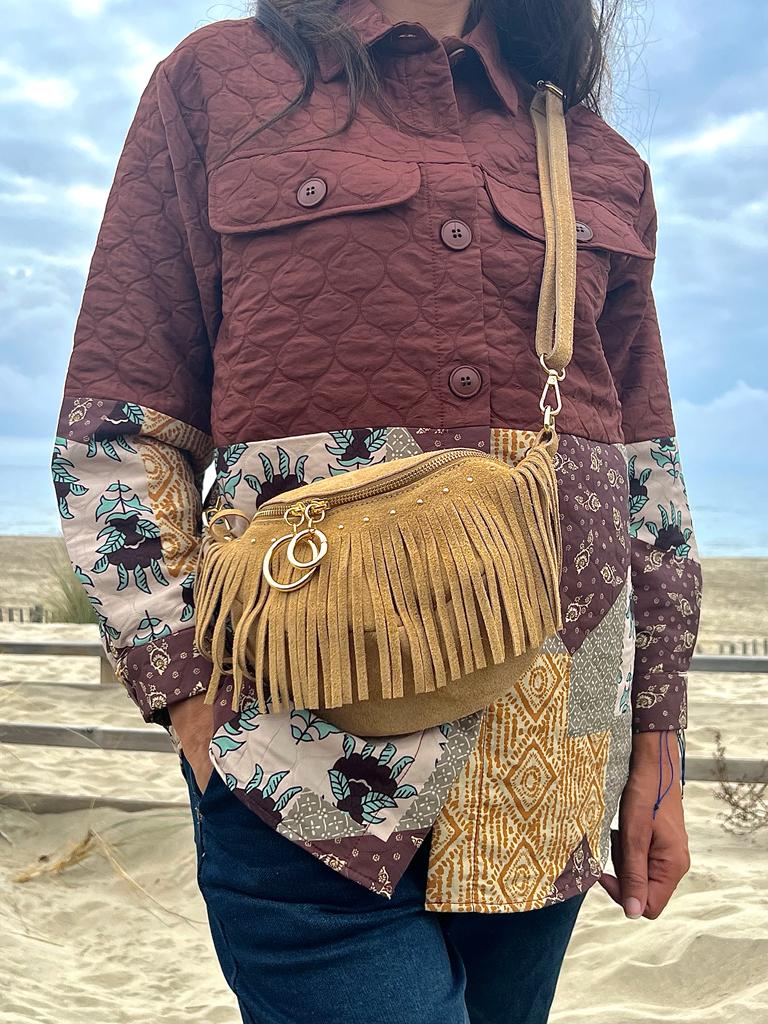 Sac banane MELYA beige en croûte de cuir