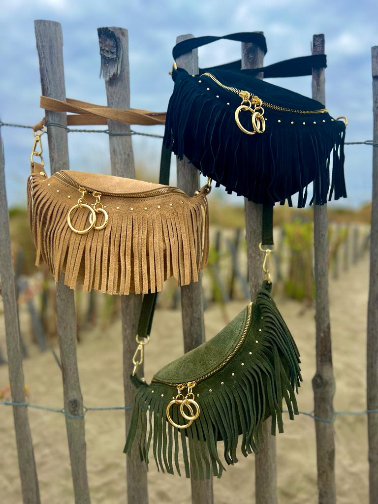 Sac banane MELYA kaki en croûte de cuir